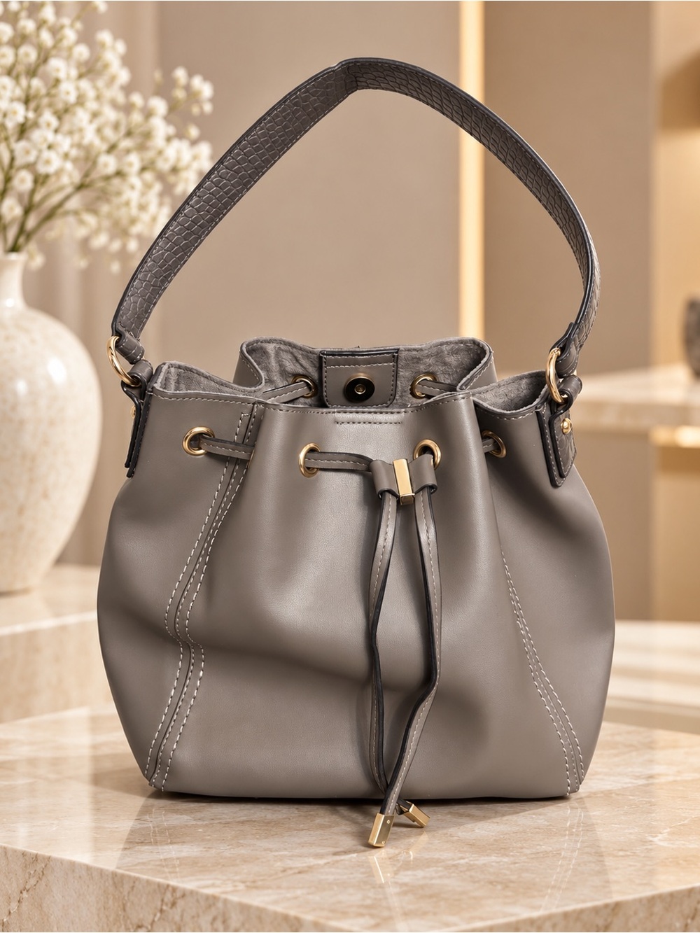 Carpisa Gray Drawstring Bucket Shoulder Bag Gold Tone Hardware Purse